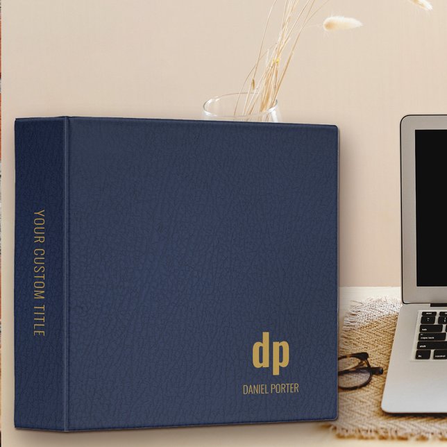 Modern Monogrammed Blue Professional Leather Look 3 Ring Binder (Leather look monogramed binder in dark blue and gold)