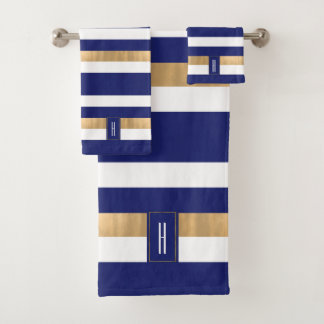 Modern Monogrammed Blue Striped Bath Towel Set