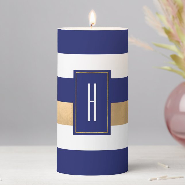 Modern Monogrammed Blue Striped Pillar Candle (In Situ)