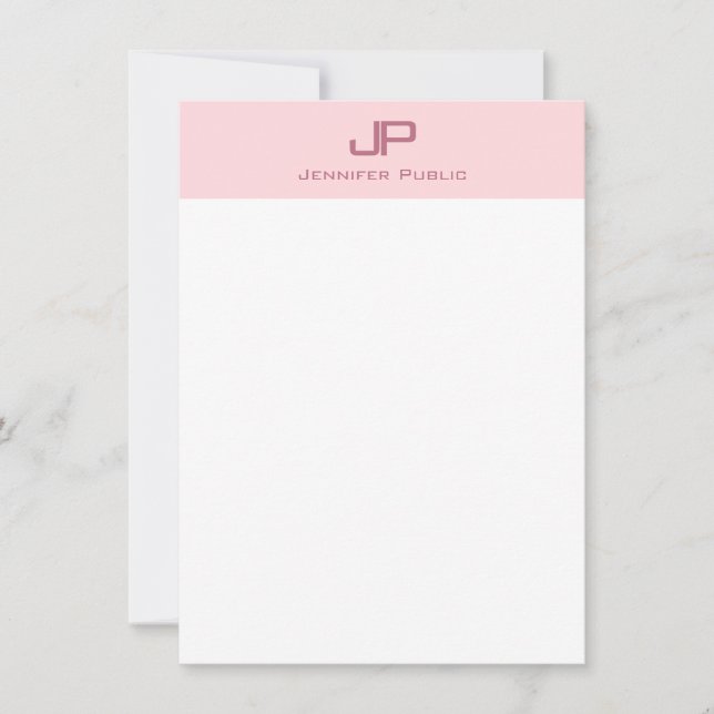 Modern Monogrammed Blush Pink White Simple Chic Note Card (Front)