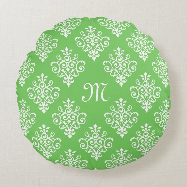 Modern Monogrammed Bright Green Damask Pattern Round Pillow (Front)