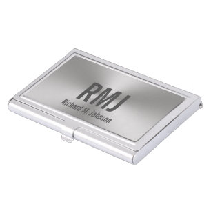 Modern Monogrammed Brushed Metal Look Business Card Case