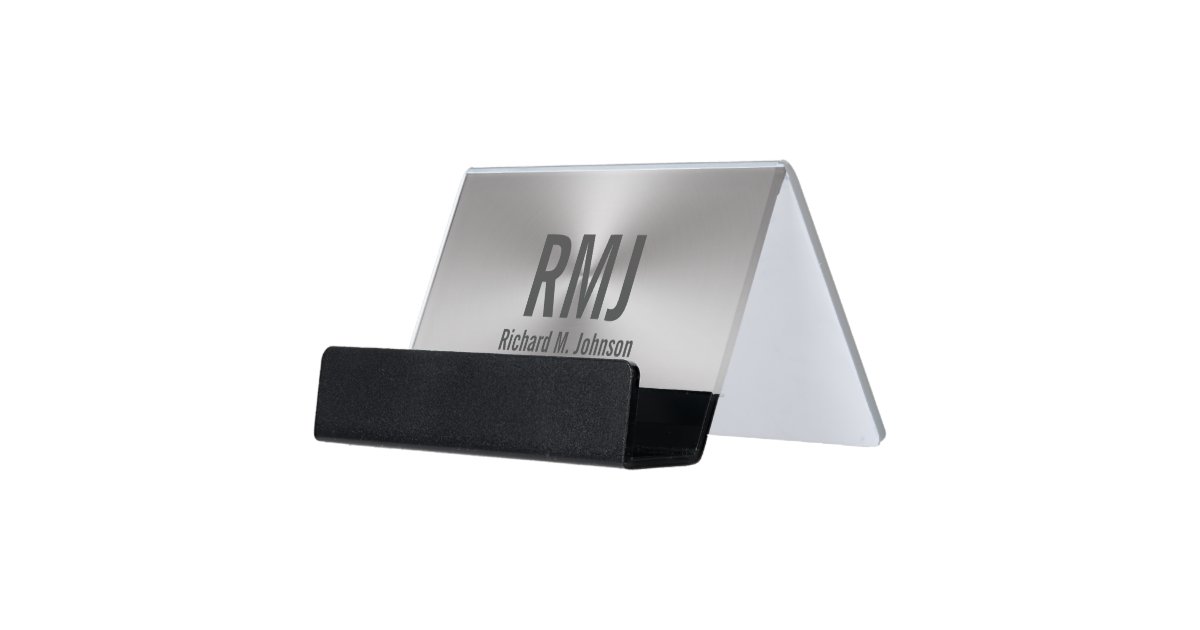 Modern Monogrammed Brushed Metal Look Desk Business Card Holder Zazzle Com