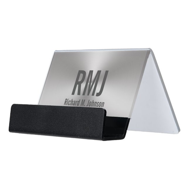 Modern Monogrammed Brushed Metal Look Desk Business Card Holder (Angled Front)