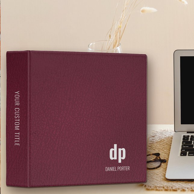 Modern Monogrammed Burgundy Professional Leather 3 Ring Binder (Leather look monogramed binder with professional minimalist styling)