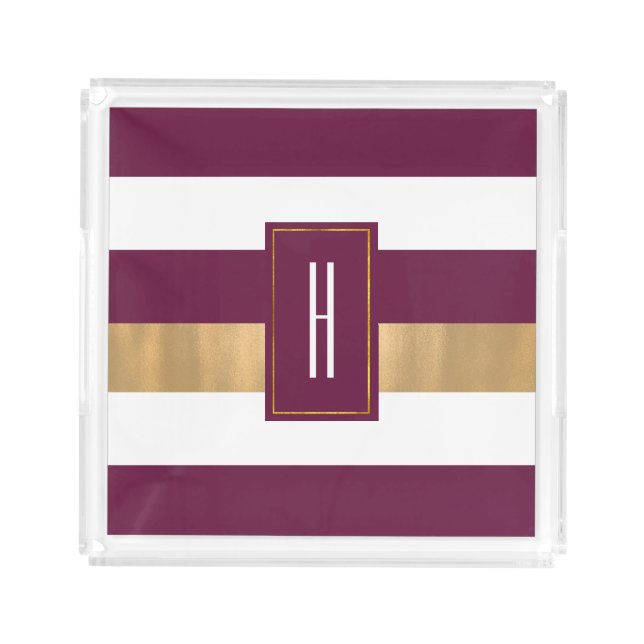 Modern Monogrammed Burgundy Striped  Acrylic Tray (Front)