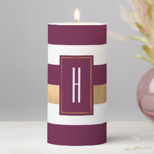Modern Monogrammed Burgundy Striped Pillar Candle