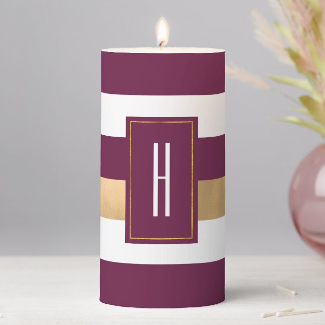 Modern Monogrammed Burgundy Striped Pillar Candle (In Situ)