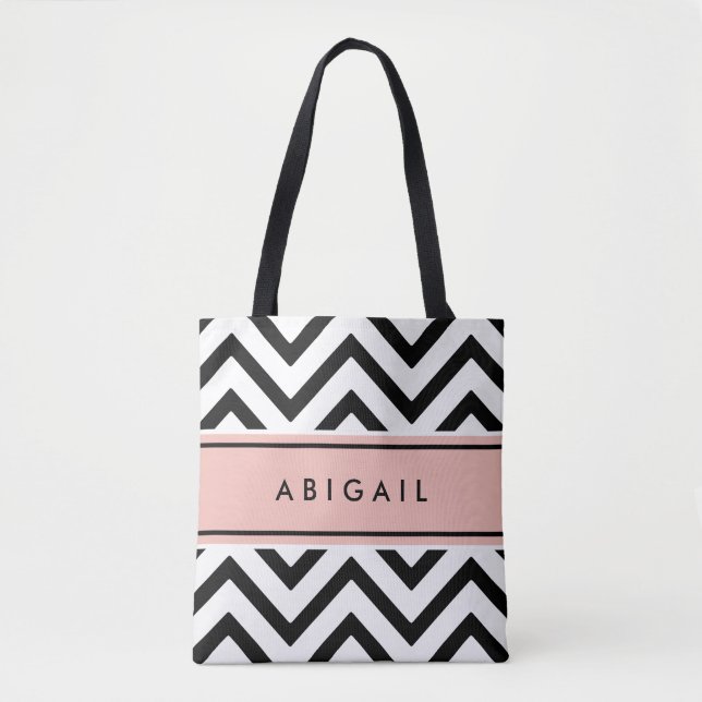 Modern Monogrammed Chevron Zigzag Pink and Black Tote Bag (Front)