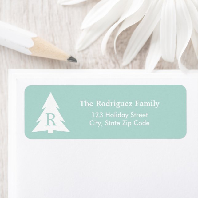 Modern Monogrammed Christmas Tree on Mint Green Label (Insitu)