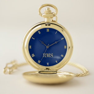 Modern Monogrammed Classic Roman Navy Blue Gold Pocket Watch