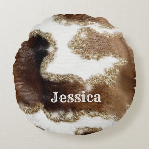 Modern Monogrammed Cowhide Pattern with Fake Glitt Round Pillow