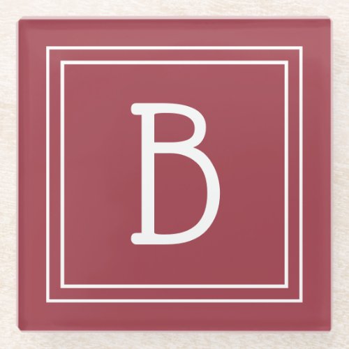 Modern Monogrammed Crimson Red  White Initial Glass Coaster