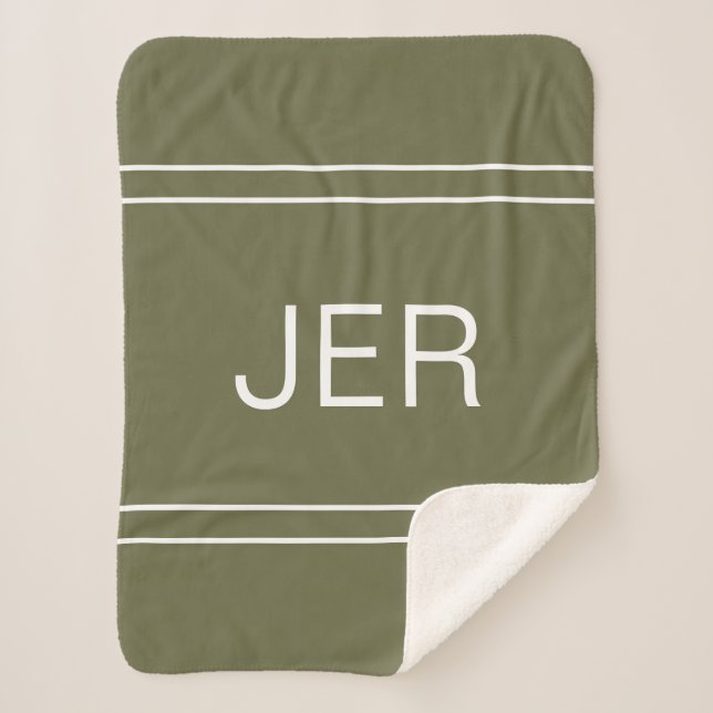 Modern Monogrammed Custom Initials Olive Green Sherpa Blanket (Front)