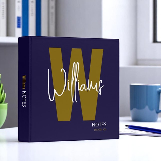Modern Monogrammed Dark Blue Binder for Notes (Creator Uploaded)