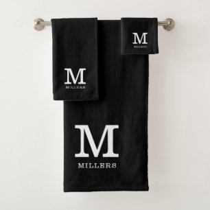 Modern Monogrammed Family Name Black And White Bath Towel Set