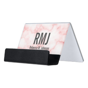 Modern Monogrammed Faux Pink Marble Desk Business Card Holder