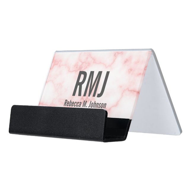 Modern Monogrammed Faux Pink Marble Desk Business Card Holder (Angled Front)