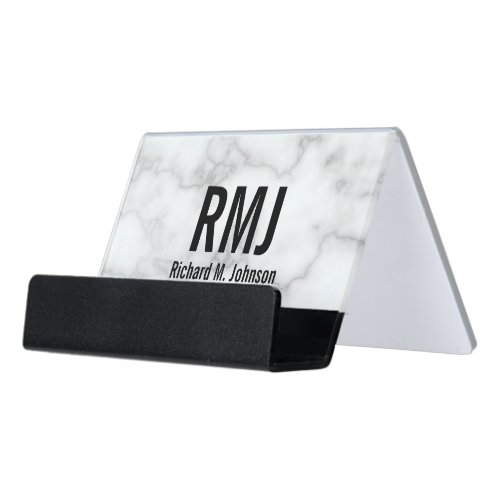 Modern Monogrammed Faux White Marble Desk Business Card Holder