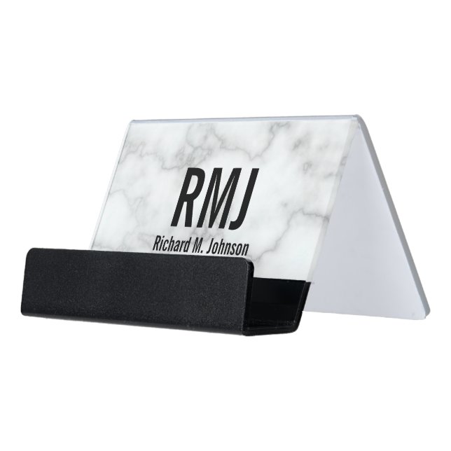 Modern Monogrammed Faux White Marble Desk Business Card Holder (Angled Front)