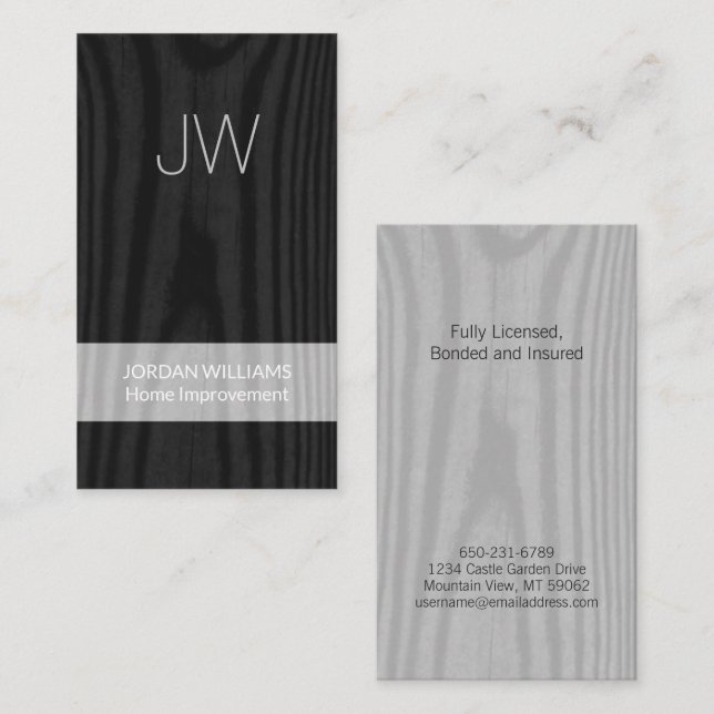 Modern Monogrammed Faux Wood Vertical Black White Business Card (Front/Back)