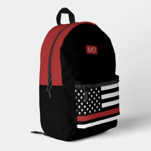 Modern Monogrammed Firefighter Thin Red Line Flag Printed Backpack