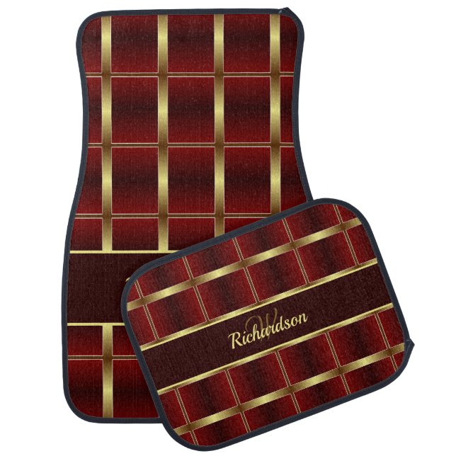 Modern Monogrammed Gold And Burgundy Checkered Car Floor Mat (Set)