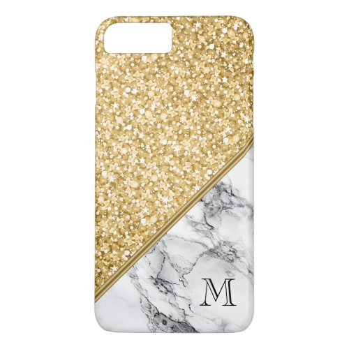 Modern Monogrammed Gold Glitter Black White Marble iPhone 8 Plus7 Plus Case