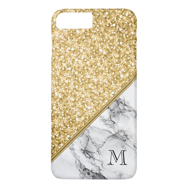 Modern Monogrammed Gold Glitter Black White Marble Case-Mate iPhone Case (Back)