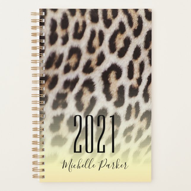 Modern Monogrammed Gold Leopard Print Planner (Front)
