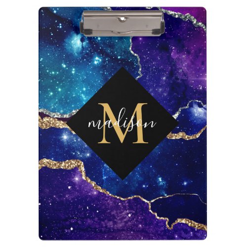 Modern Monogrammed Gold Purple Blue Agate  Clipboard