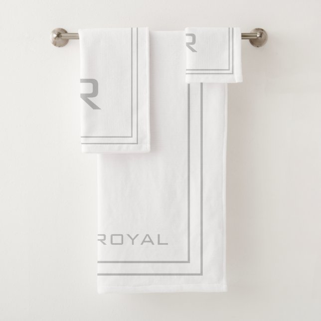 Modern Monogrammed Grey & White Stripe Hotel Bath Towel Set (Insitu)