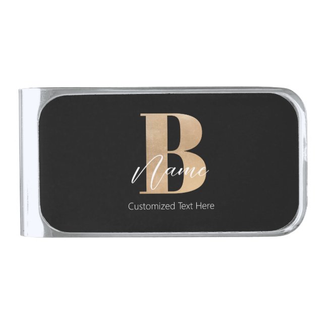 Modern Monogrammed Initial B & Name Personalized Silver Finish Money Clip (Front)