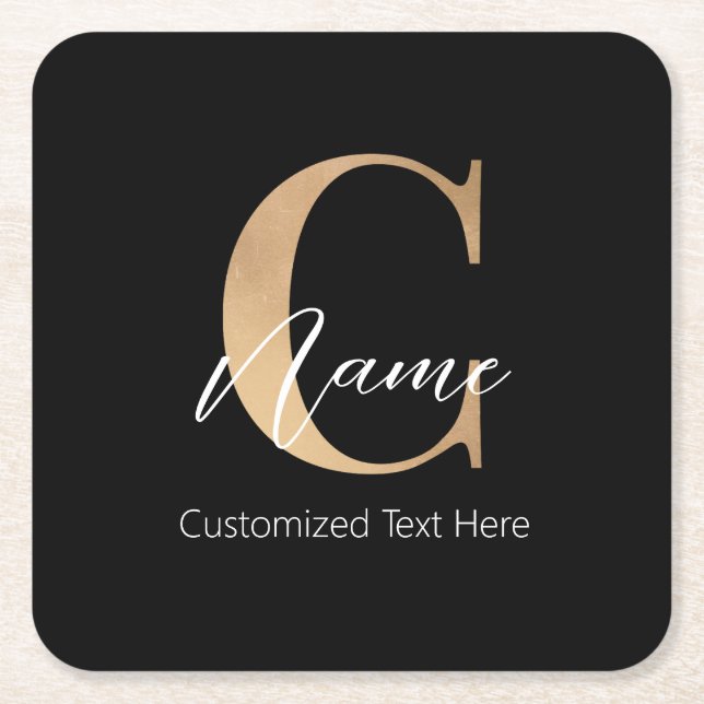 Modern Monogrammed Initial C & Name Personalized Square Paper Coaster (Front)