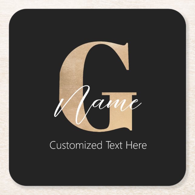 Modern Monogrammed Initial G & Name Personalized Square Paper Coaster (Front)