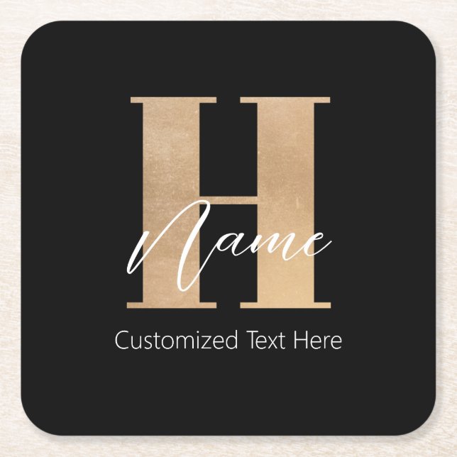 Modern Monogrammed Initial H & Name Personalized Square Paper Coaster (Front)