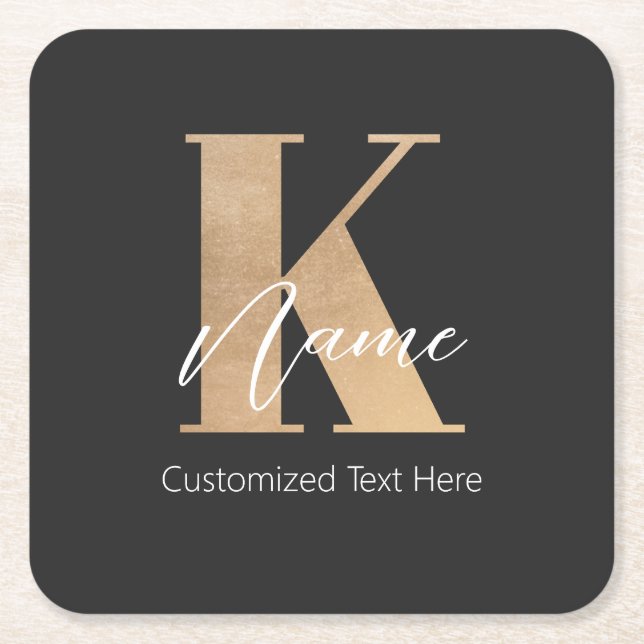 Modern Monogrammed Initial K & Name Personalized Square Paper Coaster (Front)