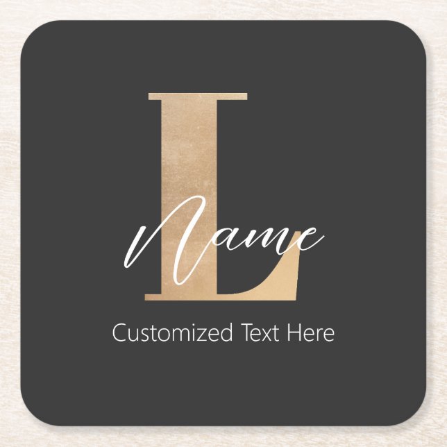Modern Monogrammed Initial L & Name Personalized Square Paper Coaster (Front)