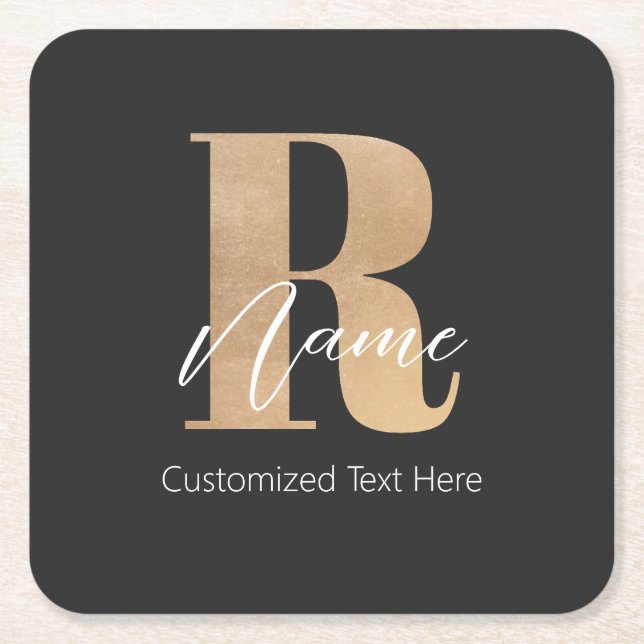 Modern Monogrammed Initial R & Name Personalized Square Paper Coaster (Front)
