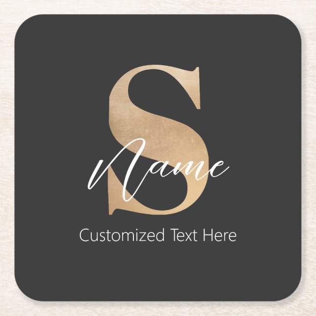Modern Monogrammed Initial S & Name Personalized Square Paper Coaster (Front)