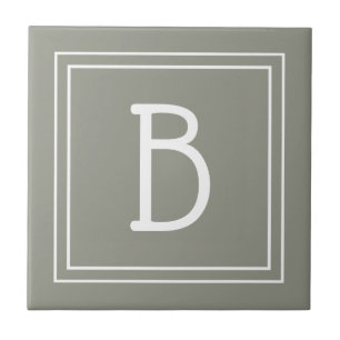 Modern Monogrammed Initial Sage Green White Simple Ceramic Tile