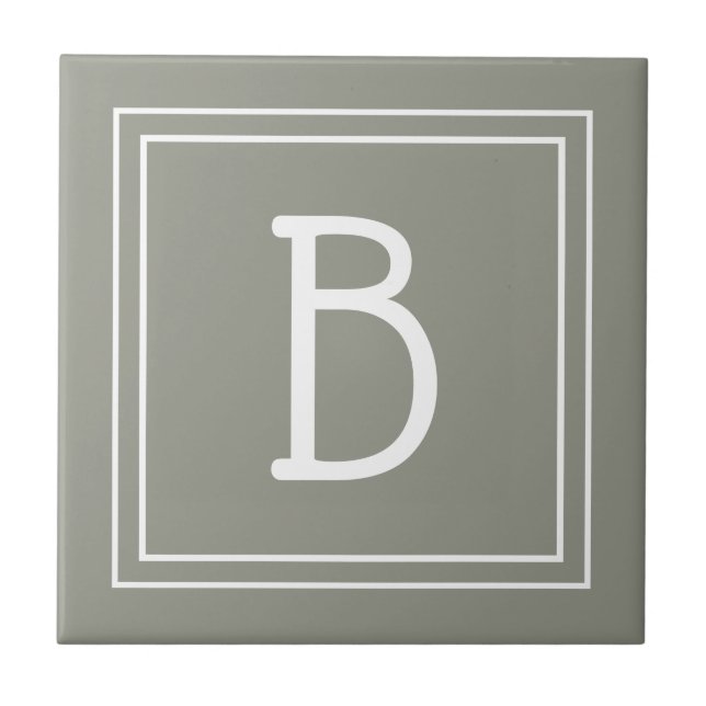 Modern Monogrammed Initial Sage Green White Simple Ceramic Tile (Front)