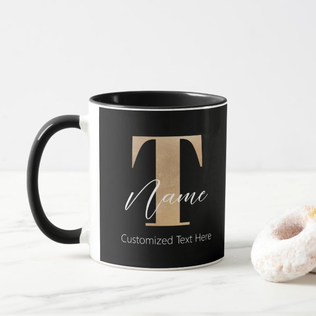 Modern Monogrammed Initial T & Name Personalized Mug (With Donut)