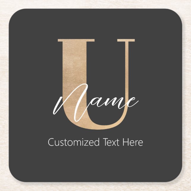 Modern Monogrammed Initial U & Name Personalized Square Paper Coaster (Front)