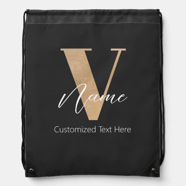 Modern Monogrammed Initial V & Name Personalized Drawstring Bag (Front)