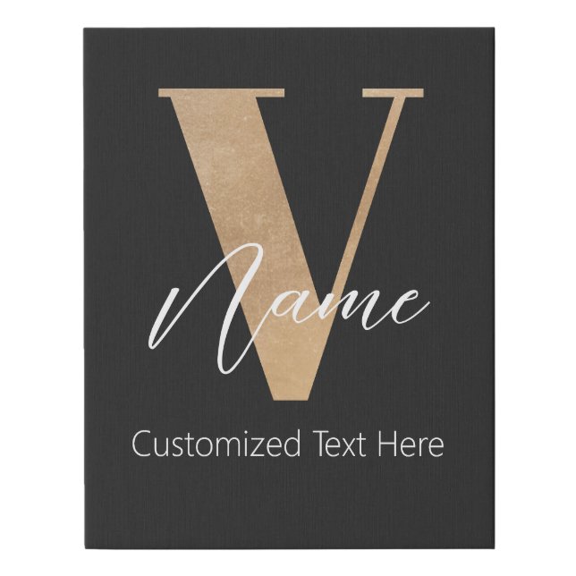 Modern Monogrammed Initial V & Name Personalized Faux Canvas Print (Front)