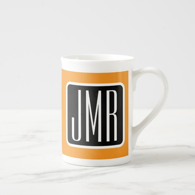 Modern Monogrammed Initials | Black White & Orange Bone China Mug (Right)