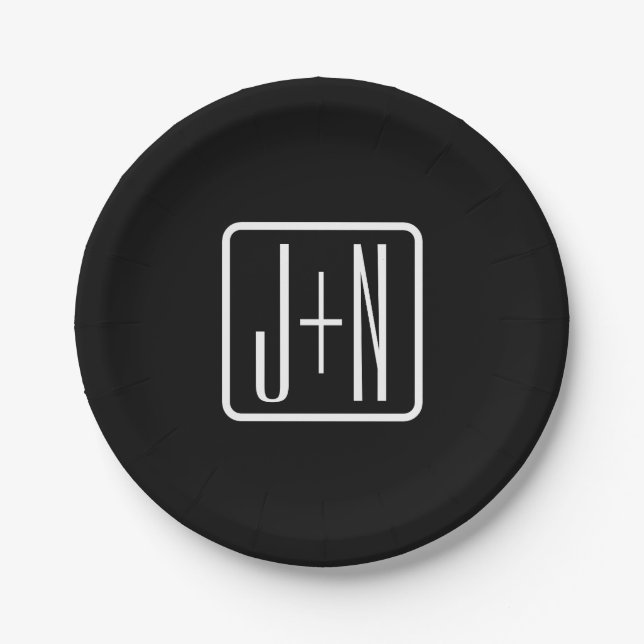 Modern Monogrammed Initials | Black & White Paper Plates (Front)