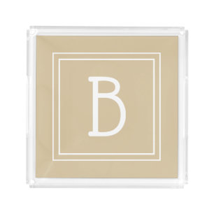 Modern Monogrammed Letter Initial Brown Tan Lucite Acrylic Tray