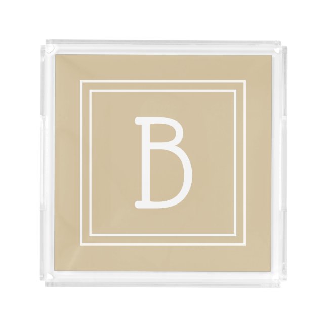 Modern Monogrammed Letter Initial Brown Tan Lucite Acrylic Tray (Front)